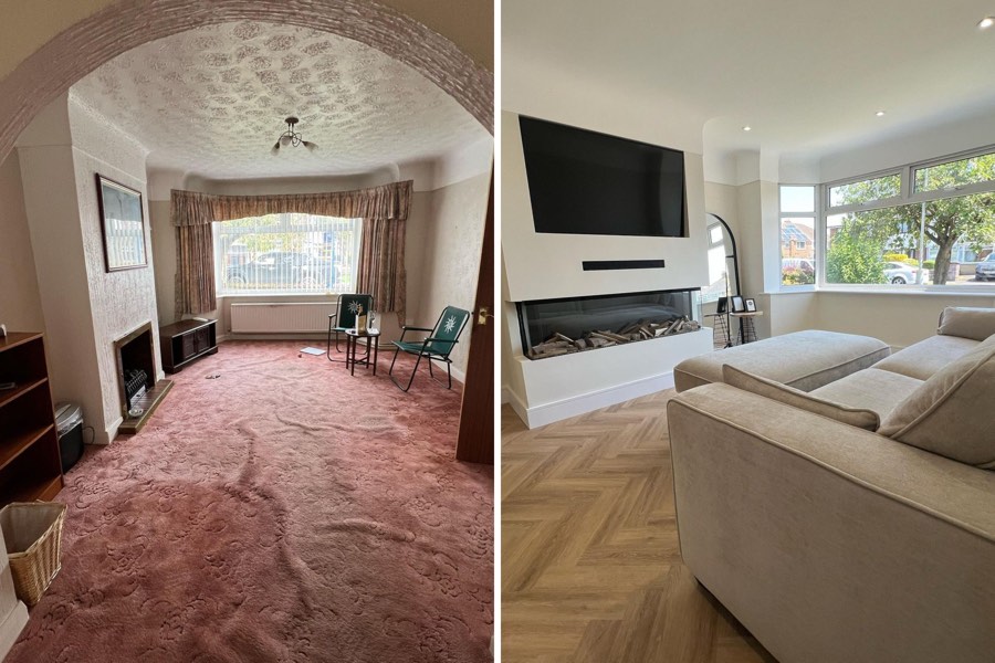 Wohnraum vor und nach der Renovierung