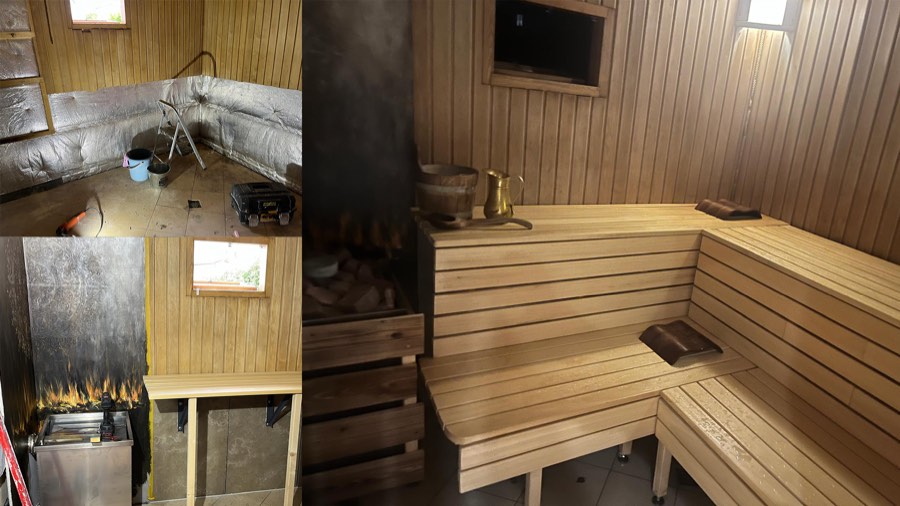 Sauna im Bau und fertig ausgebaute Sauna mit Holzbänken