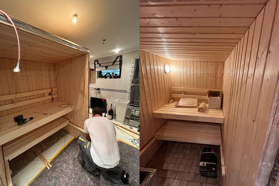 Saunabau: Montage der Bänke und fertige Sauna mit Innenbeleuchtung